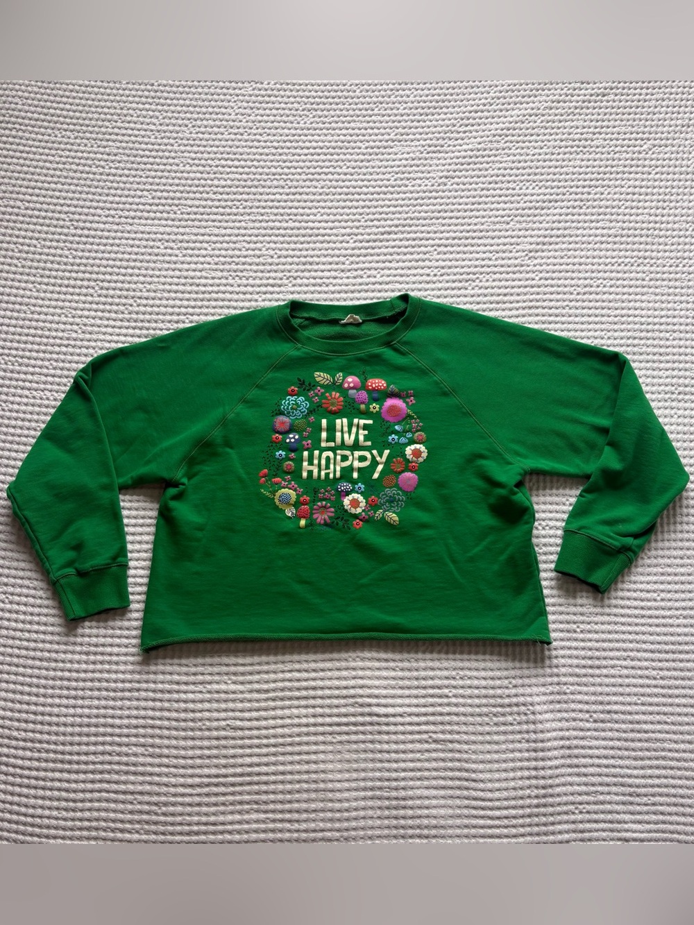 Natural Life Live Happy Cropped Sweatshirt Kelly Green Flower Mushroom - Est. L
